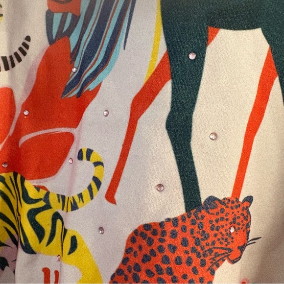 QUEEN OF SPARKLES Multicolor Animal Jungle Print Sweatshirt Gemstones Sparkly L - Picture 14 of 15